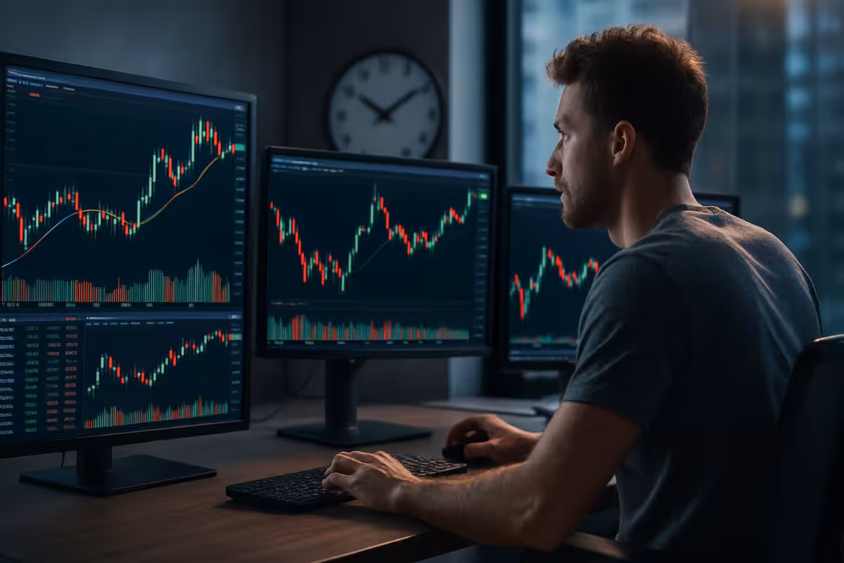 A casually dressed trader analyzes multiple monitors displaying candlestick charts and real-time stock data during the first 30 minutes of market open. The modern trading desk and glowing red and green price movements capture the volatility, liquidity, and energy of early market activity.
