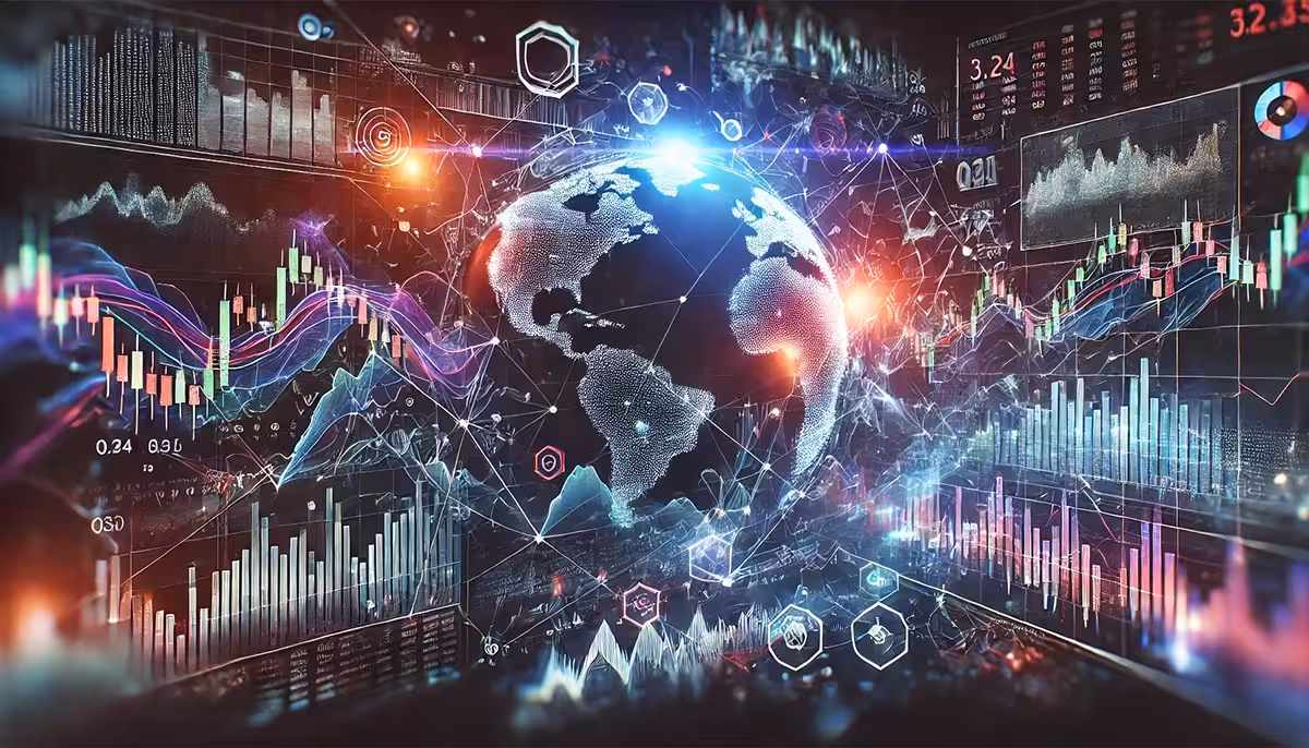 A digital globe is surrounded by colorful stock market graphs and data charts, symbolizing global finance and technology, creating an energetic and futuristic tone.