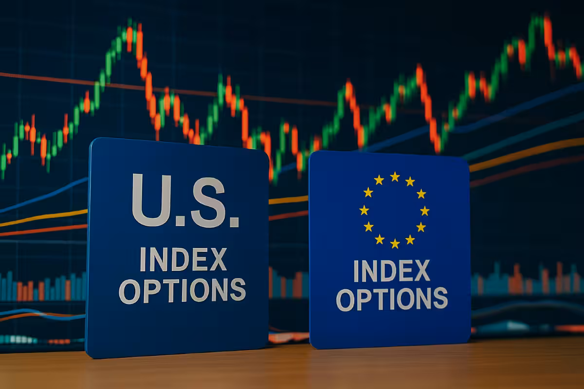 Photorealistic image showing U.S. and European index options signs side by side with financial charts in the background, symbolizing differences between markets.