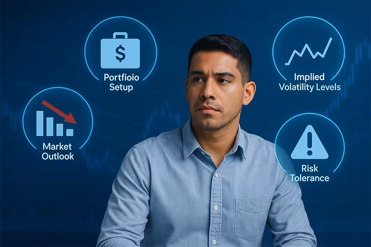 Photorealistic digital image of a young Latino male trader in a light blue button-down shirt, seated in front of a dark blue background with stylized trading charts and glowing infographic icons. Surrounding him are four circular visuals representing key investment factors: a descending bar chart for market outlook, a briefcase icon for portfolio setup, a warning triangle for risk tolerance, and a line chart for implied volatility levels. The scene has a modern, analytical tone.