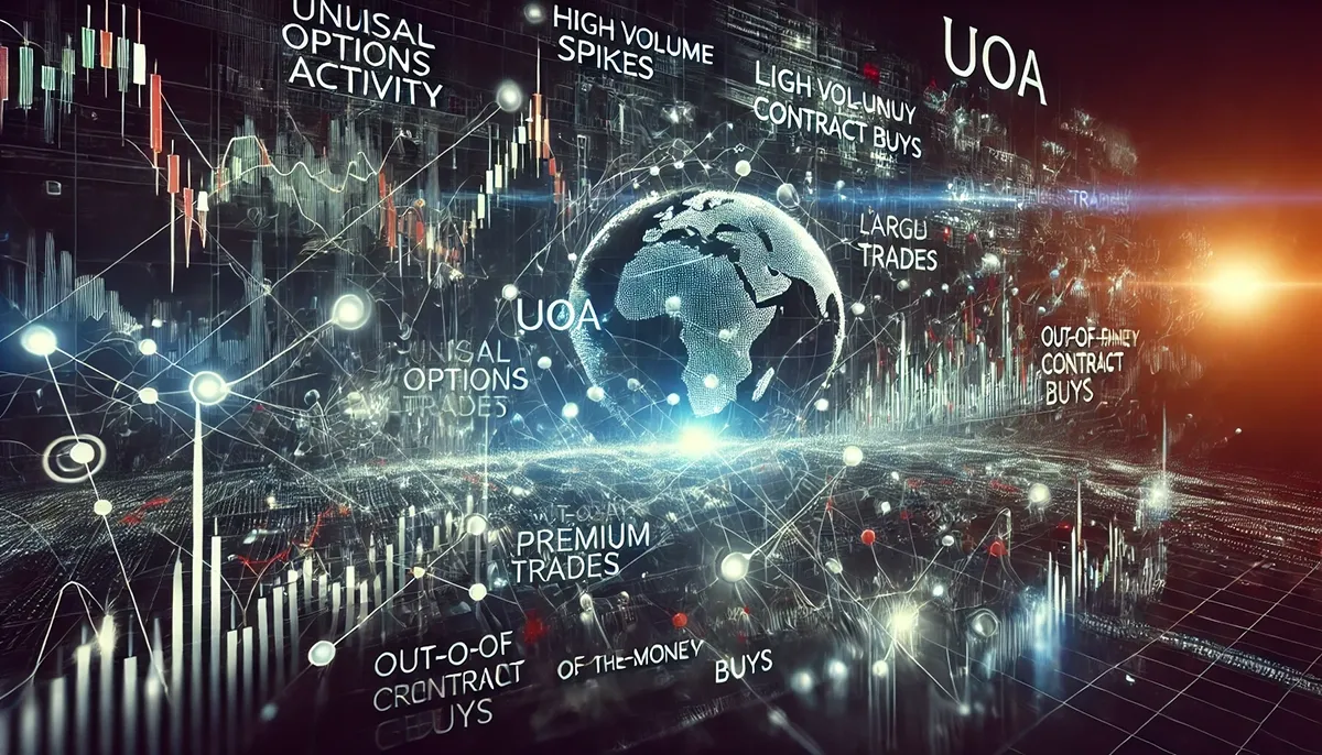 An abstract and futuristic representation of key indicators of unusual options activity (UOA) in the stock market. The image features glowing, interconnected data nodes symbolizing high volume spikes, large premium trades, out-of-the-money contract buys, and sudden volatility changes. Abstract financial waveforms and digital market fluctuations are visualized dynamically, creating a conceptual yet high-tech atmosphere. The aesthetic is sleek, modern, and emphasizes rapid institutional trading movements in an abstract, data-driven manner.