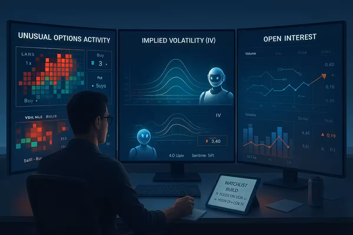 A realistic, widescreen digital illustration of a trader analyzing a three-monitor options trading setup. The left screen shows a red-and-green heatmap for unusual options activity (UOA) with highlighted buy clusters. The center screen displays implied volatility with glowing volatility cone curves and dynamic premium changes. The right screen features a 3D open interest chart with volume and strike price trends. A tablet on the desk reads “Watchlist Build: Focus on UOA + High OI + Low IV.” The workspace is dimly lit with blue highlights, conveying precision and focus.
