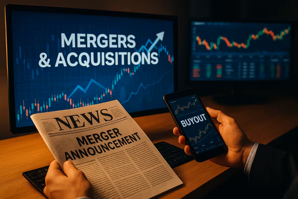 Photorealistic image of a trader’s desk with a screen showing ‘Mergers & Acquisitions,’ a newspaper titled ‘Merger Announcement,’ and a phone displaying ‘Buyout.