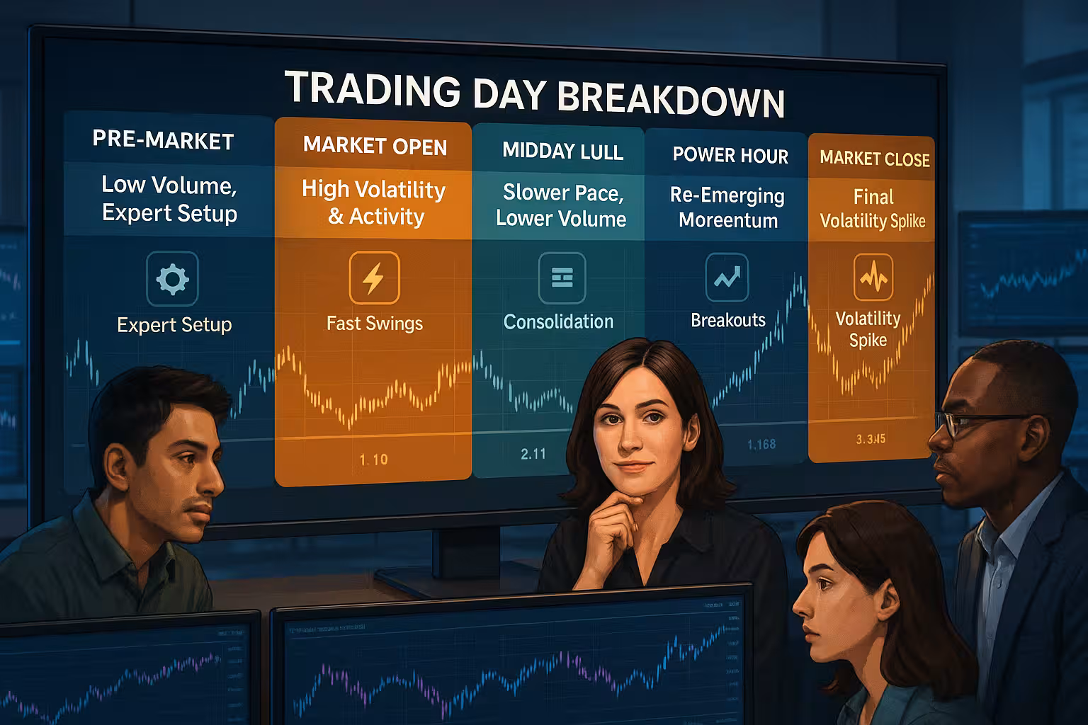A highly realistic digital illustration of a segmented digital timeline labeled “Trading Day Breakdown,” stretching across a large widescreen monitor in a modern trading setup. The timeline is divided into clearly labeled sections: “Pre-Market – Low Volume, Expert Setup,” “Market Open – High Volatility & Activity,” “Midday Lull – Slower Pace, Lower Volume,” “Power Hour – Re-Emerging Momentum,” and “Market Close – Final Volatility Spike.” Each section is visually distinct with color-coded highlights and minimalist icons: a gear icon for “Expert Setup,” a lightning bolt for “Fast Swings,” horizontal bars for “Consolidation,” an upward arrow for “Breakouts,” and a pulse line for “Volatility Spike.” A diverse group of traders is present: a South Asian male intensely watching Market Open data, a Caucasian female in front of Midday Lull, and an African American male analyzing Power Hour and Market Close. Each person reacts differently—some taking notes, others poised to trade—showcasing different strategies across the timeline. The environment is dynamic yet orderly, with glowing monitors showing charts and indicators. Cool lighting, glass partitions, and polished desks emphasize a high-tech, professional atmosphere. The mood reflects structure, intensity, and strategic adaptation across the trading day.