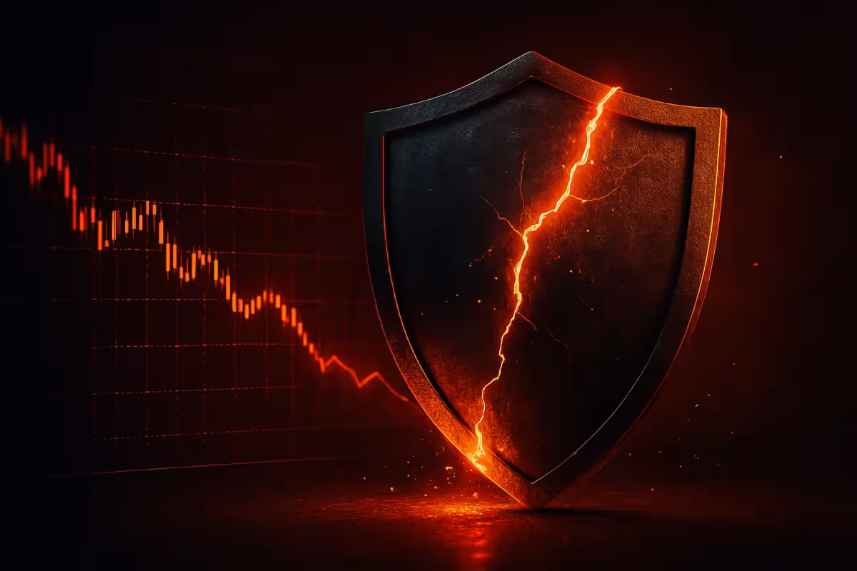 A photorealistic widescreen image of a cracked shield glowing with red light in front of a falling stock chart, symbolizing key risks and vulnerabilities in options-based ETF strategies.