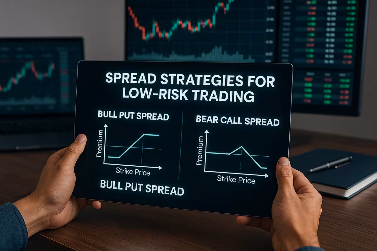 Photorealistic image of a modern trading setup with a holographic display showcasing key spread strategies for low-risk trading, including bull put and bear call spreads, alongside dynamic financial charts.