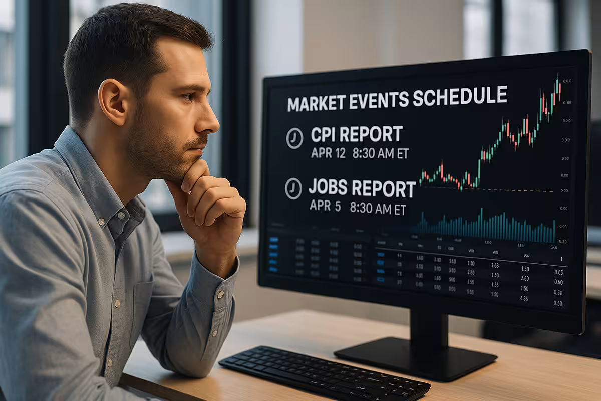 Photorealistic image of a focused trader analyzing CPI & Jobs Reports data on a widescreen monitor, reviewing key timing considerations for options trading.