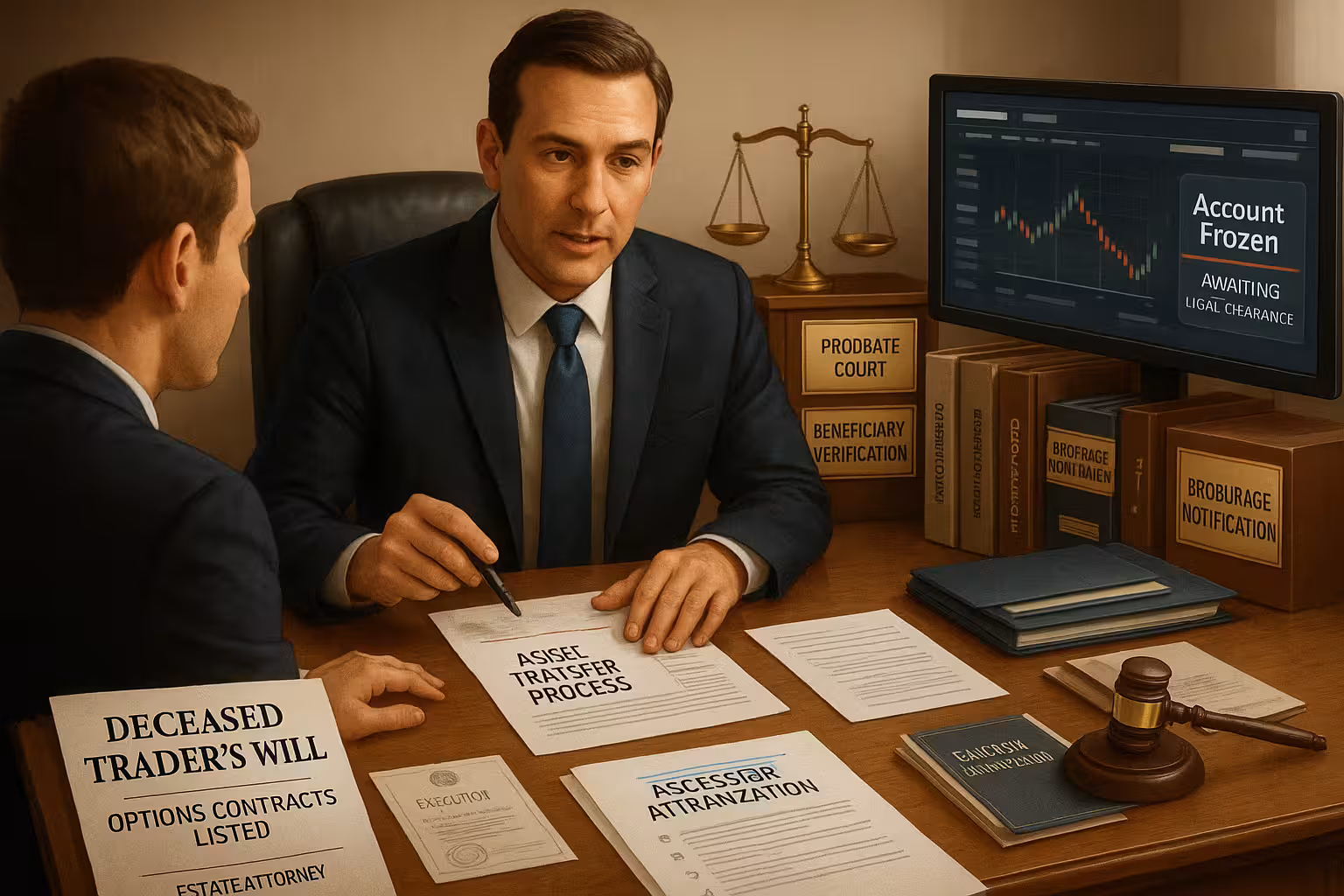 A highly realistic digital illustration of a formal law office setting. At the center, a well-dressed estate attorney in a navy suit sits across from a beneficiary, reviewing a document titled “Asset Transfer Process.” On the desk between them is a prominently displayed will labeled “Deceased Trader’s Will – Options Contracts Listed.” Neatly arranged folders are labeled “Probate Court,” “Beneficiary Verification,” and “Brokerage Notification.” Nearby are additional legal documents, including “Executor Authorization” and a “Death Certificate.” A gavel rests beside a binder marked “Estate Planning.” On a computer monitor in the background, a trading platform is frozen with the message “Account Frozen – Awaiting Legal Clearance.” Legal scales decorate the shelf behind the attorney. The atmosphere is professional, clear, and focused on the orderly legal and financial process of transferring complex assets.
