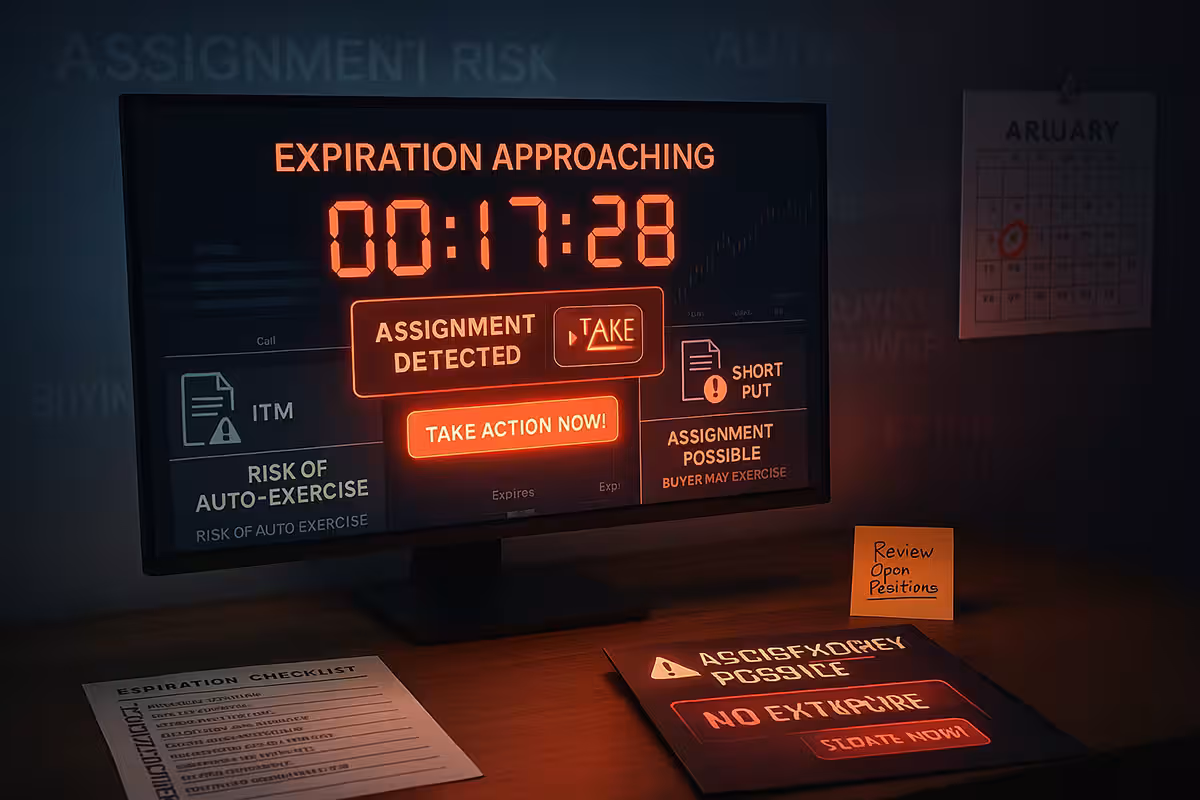 A widescreen photorealistic image of a modern trading desk with a large monitor displaying a red flashing countdown labeled “Expiration Approaching.” An alert box reads “Assignment Risk Detected” next to a button labeled “Take Action Now!” On the left side of the screen, a call option marked “ITM – Risk of Auto-Exercise” is highlighted with a contract icon and warning symbol. On the right, a short put position shows a red notice: “Assignment Possible – Buyer May Exercise.” On the desk is a printed expiration checklist and a sticky note that reads “Review Open Positions – Don’t Let It Surprise You!” A calendar on the wall shows “Expiration Friday” circled in red. Keywords like “Auto-Exercise,” “Moneyness,” and “Assignment Risk” faintly glow across the background wall. The scene is clean and serious, emphasizing time-sensitive decision-making in options trading.