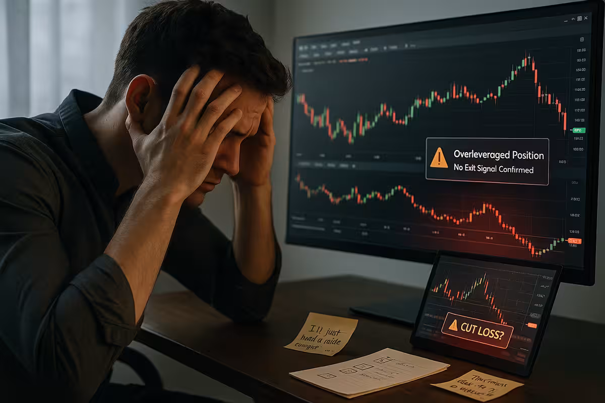 A widescreen photorealistic image of a young male trader sitting at a desk, visibly distressed with his head in his hands. In front of him, two monitors display candlestick charts with sharp downward trends. A warning message on the main screen reads “Overleveraged Position – No Exit Signal Confirmed,” and a second alert on a tablet reads “CUT LOSS?” On the desk are sticky notes with emotional phrases like “I’ll just hold a little longer…” and a checklist with exit strategy reminders. The scene is lit with soft daylight, with a neutral tone that emphasizes the trader’s emotional struggle and poor decision-making.