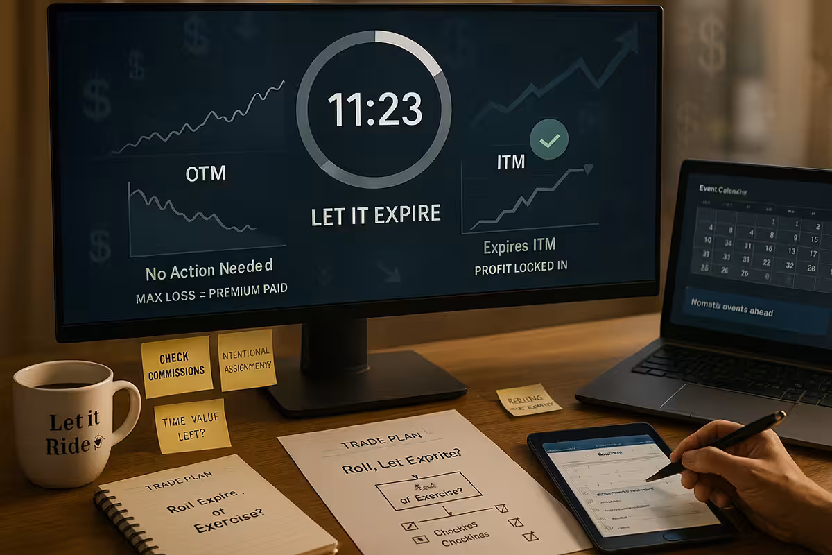 A photorealistic trading workstation featuring a central monitor displaying an options expiration countdown timer with “11:23” remaining. On the left, a chart labeled 'OTM – No Action Needed – Max Loss = Premium Paid' fades to grey, while on the right, a chart marked 'ITM – Expires ITM – Profit Locked In' shows an upward trend. Sticky notes below the monitor read 'Check Commissions', 'Intentional Assignment?', and 'Time Value Left?'. A printed trade plan notebook and checklist labeled 'Roll, Let Expire, or Exercise?' rest on the desk. A nearby tablet displays a calendar showing 'No major events ahead', and a coffee mug reads 'Let it Ride ☕'. Faint dollar signs and arrows are overlaid on the background, symbolizing limited OTM loss and ITM profit capture.