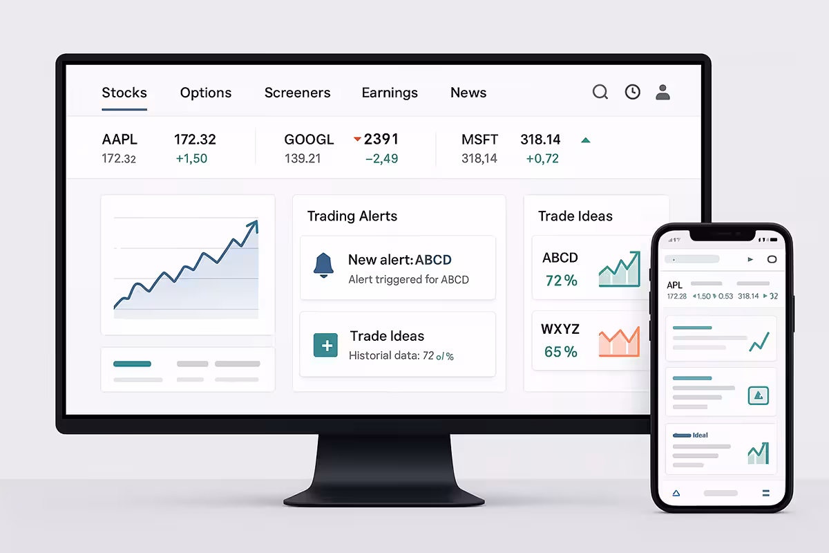 A clean, modern financial trading web dashboard displayed on a desktop monitor, with clearly labeled tabs including 'Stocks', 'Options', 'Screeners', 'Earnings', and 'News'. The interface features data charts, trade alerts, and trade idea cards with performance metrics like historical win rates. Visual cues such as a magnifying glass icon for research, alert bell for notifications, and arrows on charts suggest accessible yet advanced trading tools. In the background, a smartphone shows the same website, highlighting cross-device usability. The color palette includes financial-themed blues, greys, and greens, emphasizing clarity and strategic decision-making.