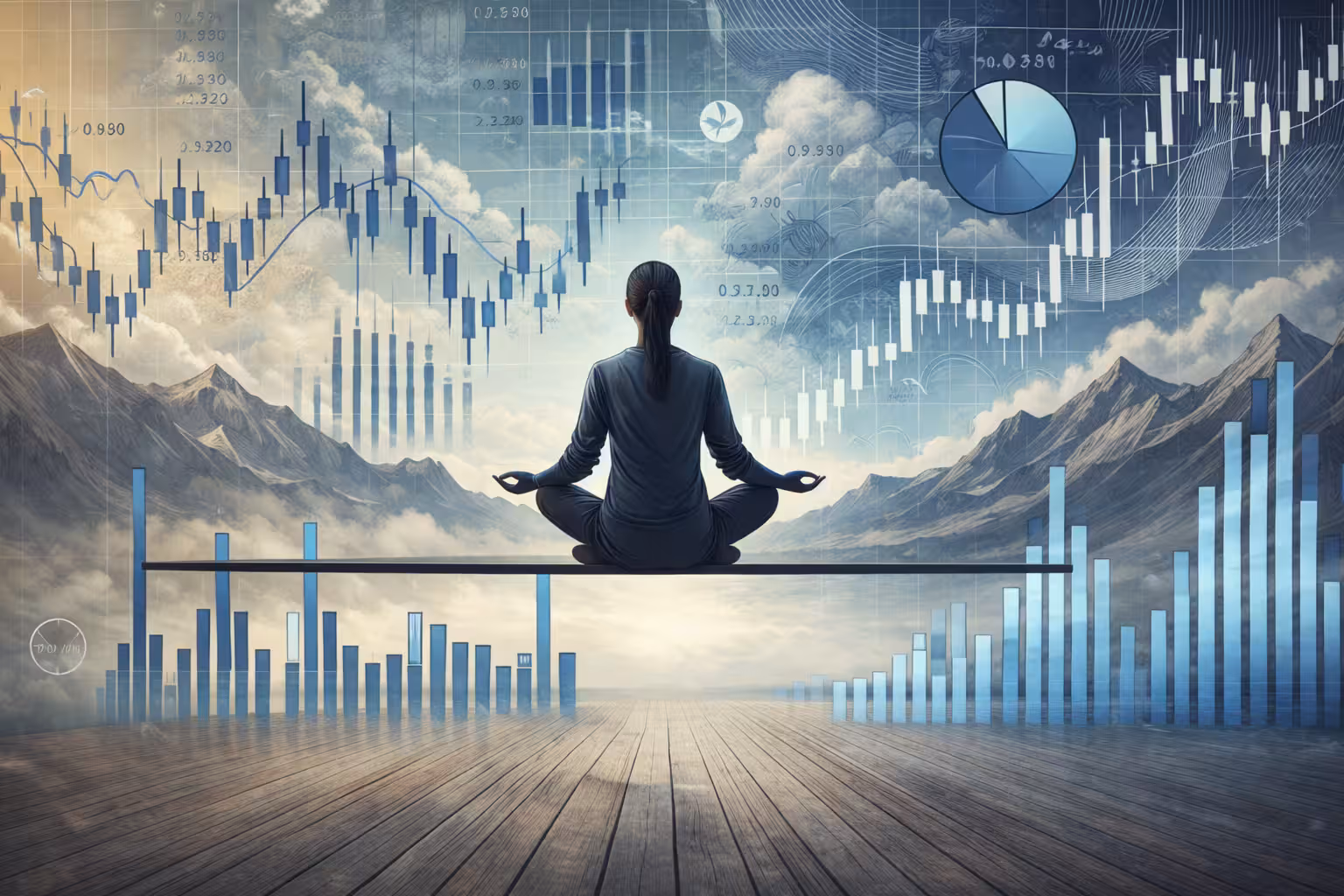 Woman meditating while reviewing stock market charts and financial data against a mountain landscape backdrop.