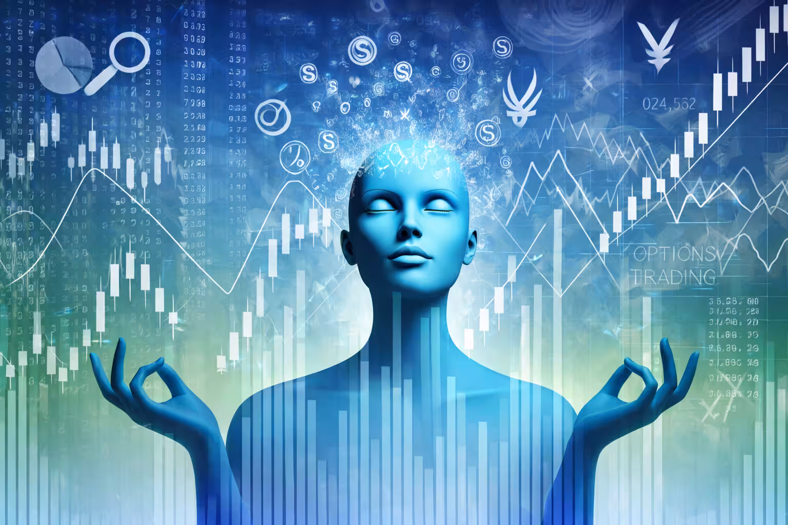 Calm blue figure meditating with hands in mudra, surrounded by stock market charts, candlestick graphs, and currency symbols representing emotional control in options trading.