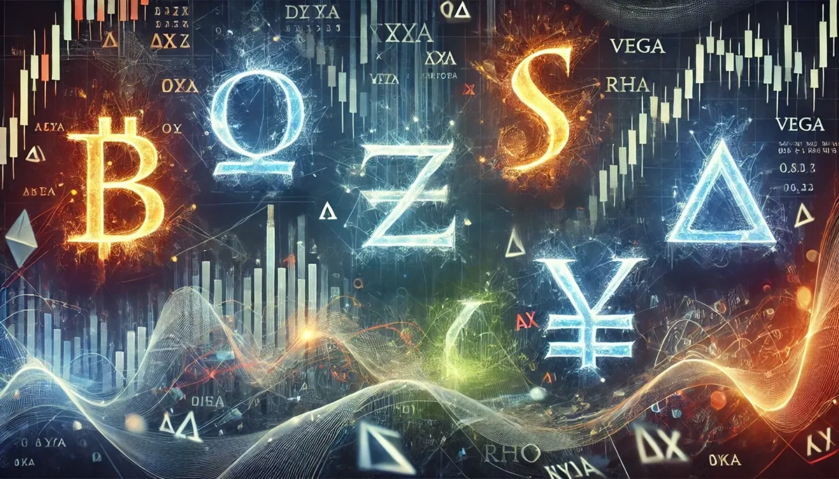 An abstract digital image representing the five main Greeks in options trading: Delta (Δ), Gamma (Γ), Theta (Θ), Vega (ν), and Rho (ρ). The composition should feature a sleek, minimalistic design with glowing Greek letters dynamically arranged, removing excessive financial data streams and complex trading charts. Each symbol subtly interacts with abstract elements representing its concept, such as Delta (Δ) near directional lines, Theta (Θ) fading over time, and Vega (ν) fluctuating softly. The color scheme should maintain professional blues and greens for clarity, with subtle red and orange highlights to represent risk and volatility, while avoiding excessive complexity.
