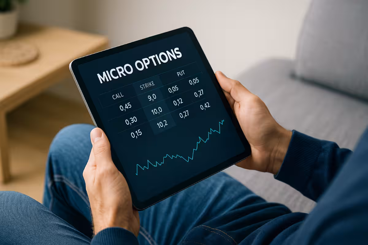 A photorealistic widescreen image of a person sitting on a sofa holding a tablet that displays a simplified Micro Options trading interface with small contract values and a price chart.