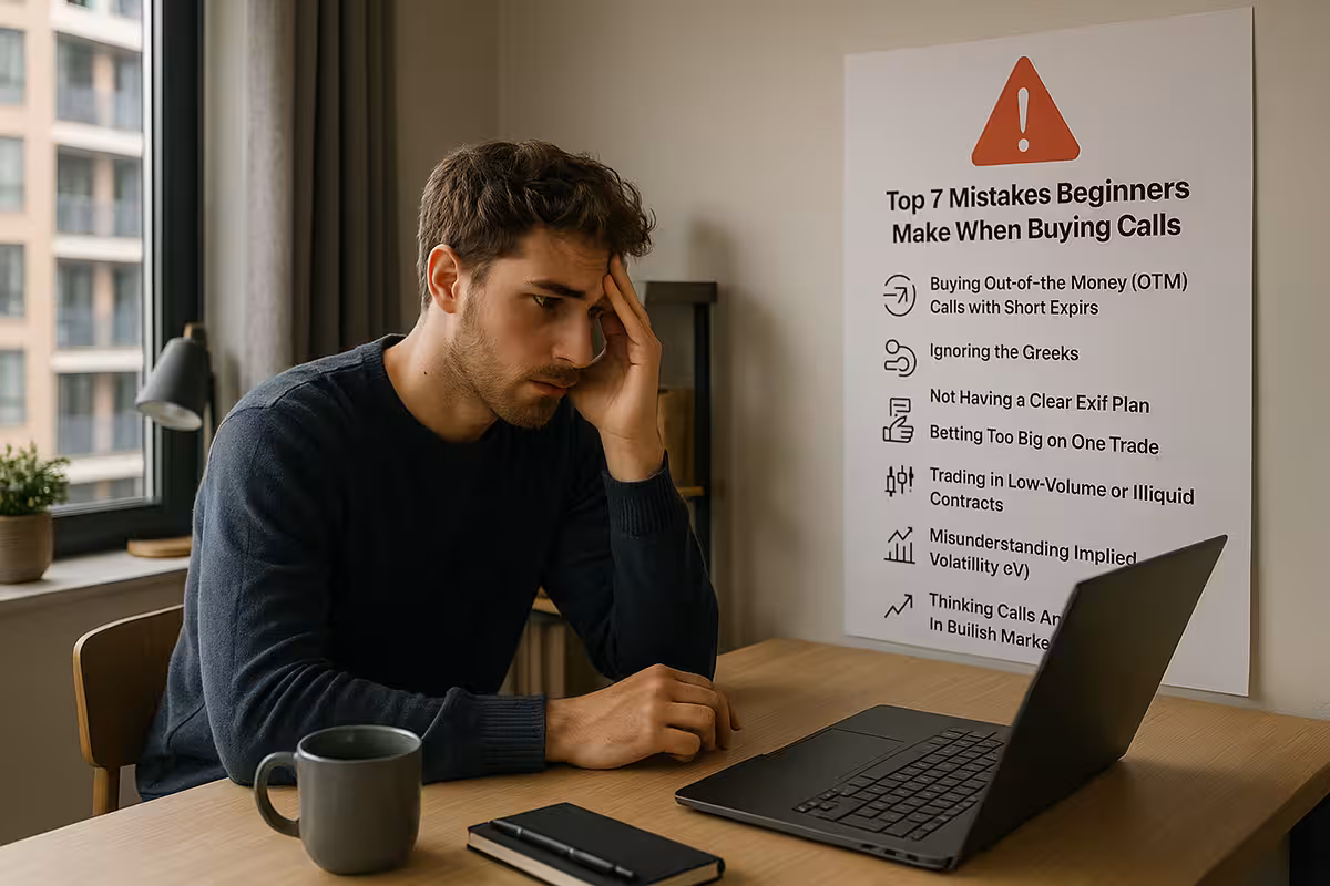 Young man in a modern home office looking thoughtfully at a laptop, with a poster on the wall titled 'Top 7 Mistakes Beginners Make When Buying Calls,' depicting a learning moment in a professional apartment setting