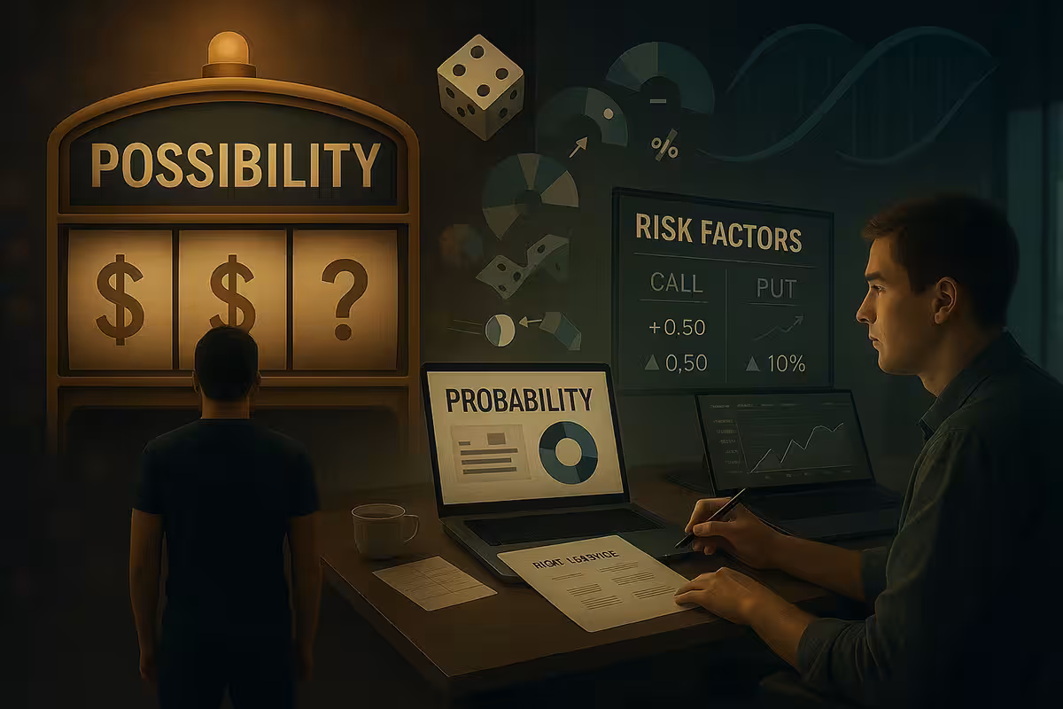 Vertical, highly realistic digital illustration split into two symbolic scenes. Top half: a new trader stands before a glowing slot machine labeled 'POSSIBILITY,' with spinning reels showing dollar signs and question marks. Bottom half: the same trader sits at a modern trading desk, reviewing an options chain with a delta value (e.g., 0.50) and a precise probability gauge. Floating between the two: two dice morph into a clean probability graph. Color shifts from warm, chaotic tones to cool, analytical blues—symbolizing the journey from guesswork to informed trading.
