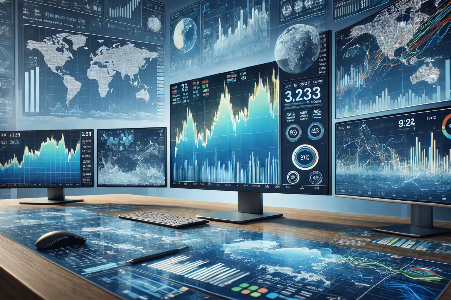 Ultra-photorealistic trading desk with multiple monitors displaying stock market charts, global maps, and financial data dashboards in a modern fintech office.
