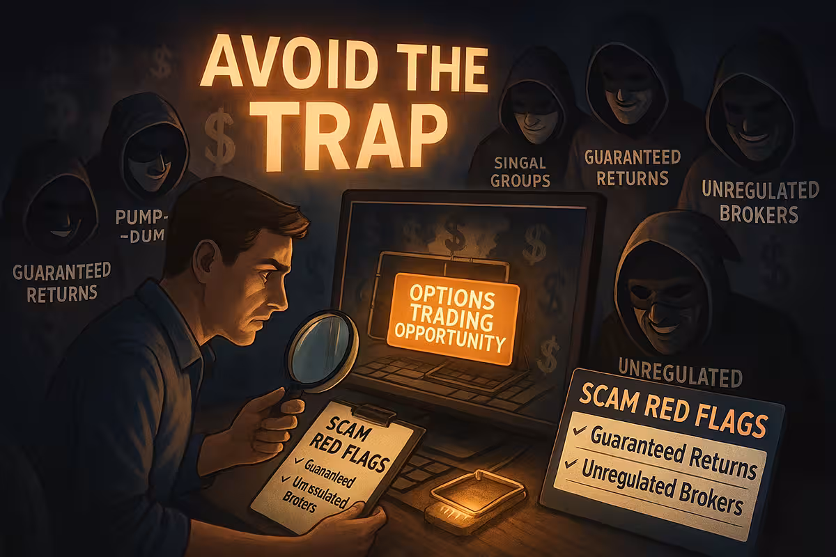 A highly realistic digital illustration of a trap disguised as a glowing “Options Trading Opportunity” button on a computer screen. Surrounding it are masked scammers offering fake services labeled “Signal Groups,” “Pump-and-Dump,” “Guaranteed Returns,” and “Unregulated Brokers.” In the foreground, a cautious trader hesitates, holding a magnifying glass over a warning list titled “Scam Red Flags.” The background features dark shadows with dollar signs fading into smoke, and a glowing “Avoid the Trap” banner serves as a visual warning. The mood is alert and educational, clearly portraying the deceptive appeal and hidden dangers of common options trading scams.