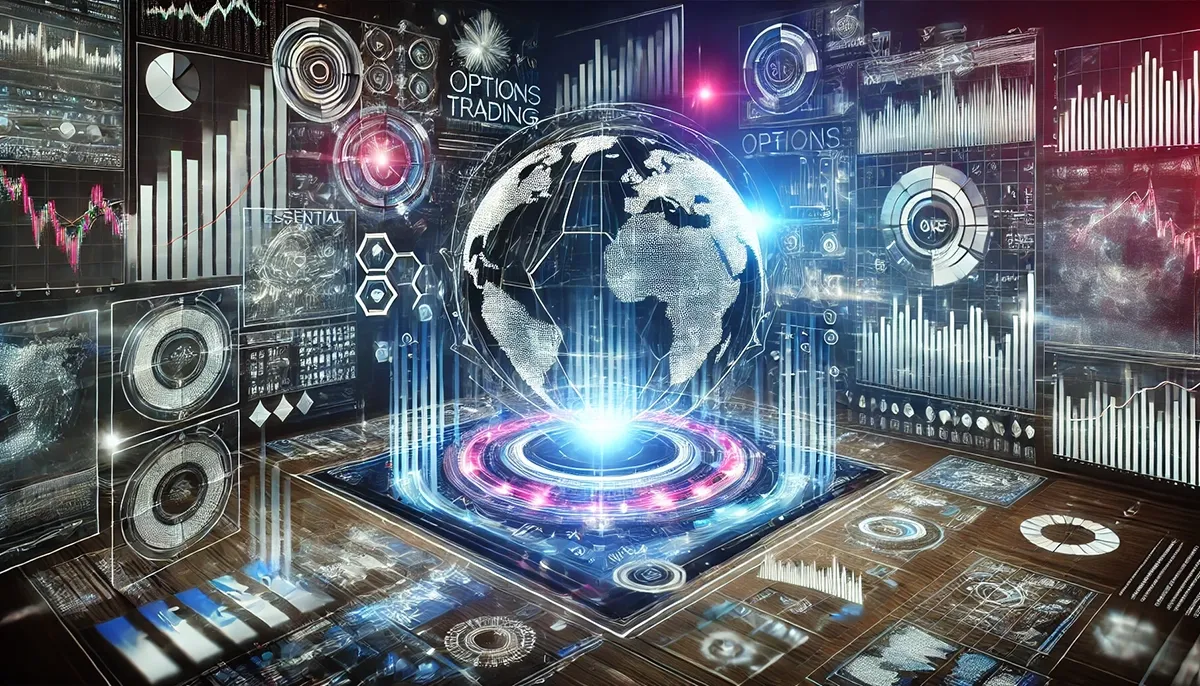 An abstract, futuristic representation of essential technology for options traders. The image features glowing digital interfaces with financial charts, data streams, and algorithmic trading elements floating in a high-tech environment. Abstract shapes and neon lights symbolize speed, precision, and connectivity. A holographic trading desk setup appears, representing a seamless integration of advanced trading tools, software, and market analysis. The aesthetic is modern, sleek, and conceptual, emphasizing the fusion of technology and financial strategy.
