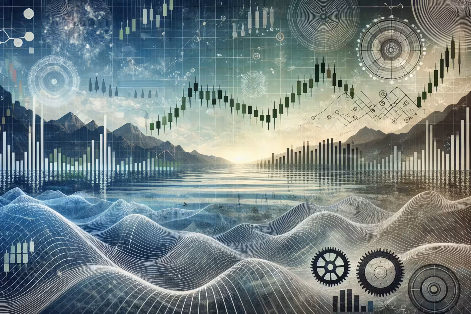 Futuristic stock market data visualization with candlestick charts, financial graphs, algorithmic trading analytics, and digital landscape background.