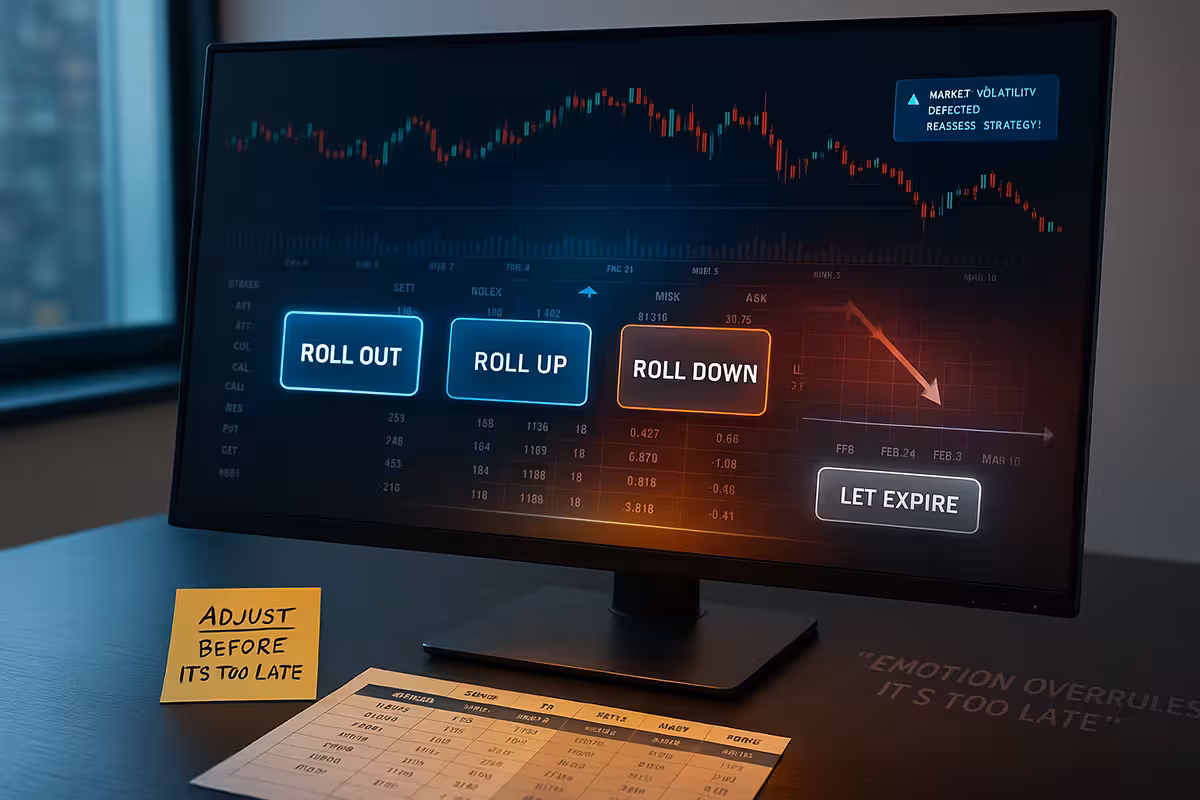 A widescreen photorealistic image of a modern trading desk with a large monitor displaying a paused trading interface. The screen shows four labeled buttons: “ROLL OUT,” “ROLL UP,” “ROLL DOWN,” and a dim, blinking “LET EXPIRE” button. Behind the buttons is an options chain chart and a candlestick graph with fluctuating data. A small alert in the corner reads, “Market Volatility Detected – Reassess Strategy?” On the desk, a yellow sticky note reads “Adjust Before It’s Too Late,” and a printed options reference sheet lies nearby. The environment is clean and softly lit with cool blue and amber tones, emphasizing strategic decision-making in options trading.