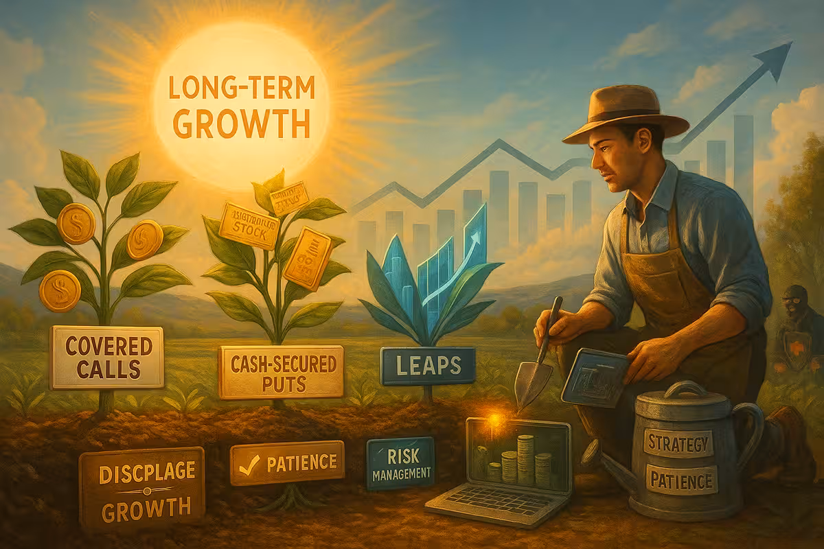 A highly realistic digital illustration of a serene financial garden scene bathed in the golden glow of a radiant sun labeled “Long-Term Growth.” In the garden, three vibrant investment plants grow tall and healthy, each marked with a sign: “Covered Calls” with golden coins sprouting from the leaves, “Cash-Secured Puts” with blooming stock certificates and discount tags, “LEAPS” with futuristic bar charts growing from sleek leaves. A focused and thoughtful trader kneels beside the plants, tending to them with a small spade and watering can labeled “Strategy,” “Patience,” and “Risk Management.” The soil beneath the plants is rich and well-tended. In the distance, a clear horizon line curves upward, forming a visual of a stock growth chart that extends toward the future. The entire scene symbolizes steady, strategic growth through time-tested options strategies.