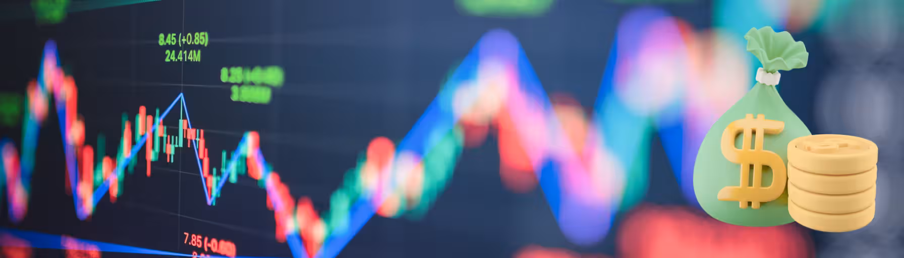 Options trading graph with bag of money and coins icon