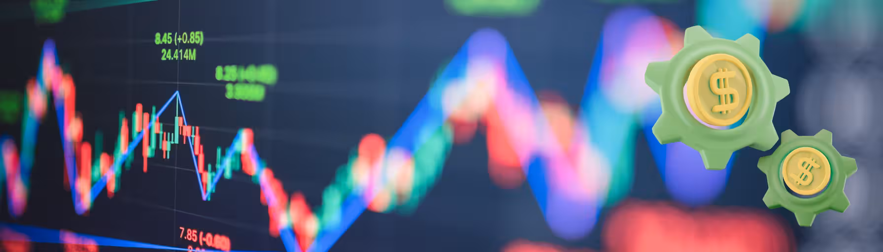 Options trading graph with gears and coins icon