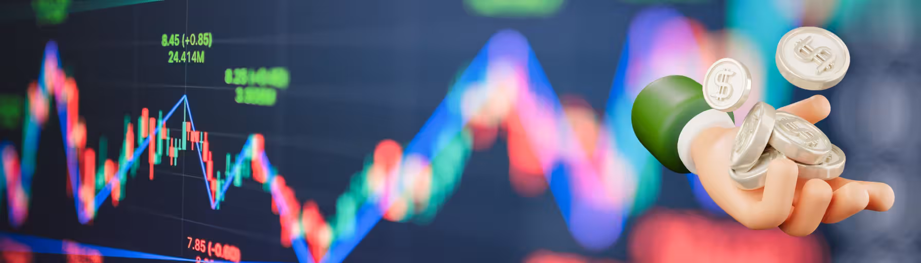 Options trading graph with hand holding coins icon