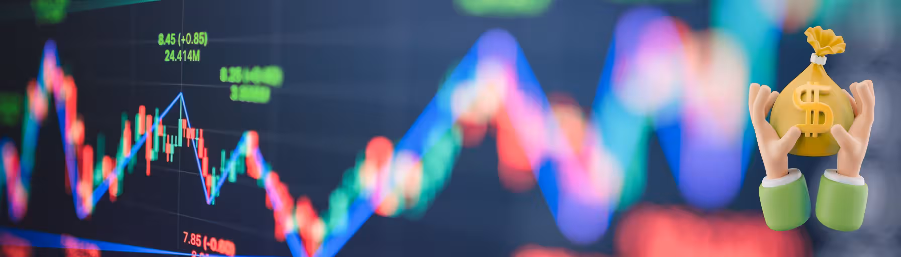 Options trading graph with hand holding money bag icon