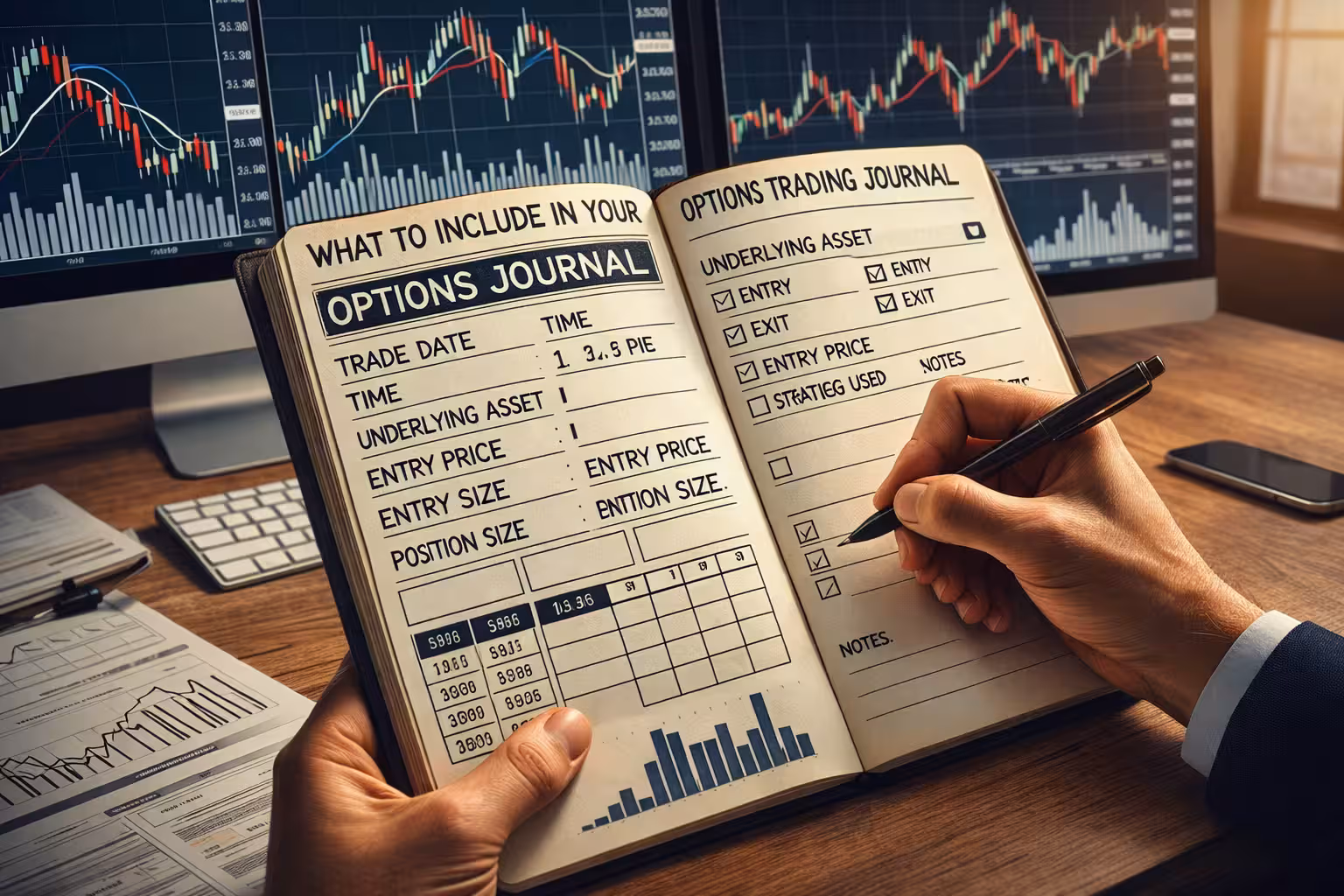Trader recording trade details in an options trading journal while reviewing stock charts on a computer monitor.