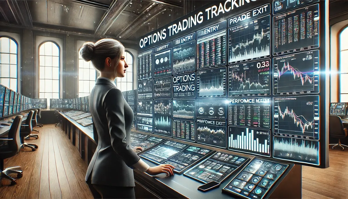 A highly realistic and visually engaging digital representation of an options trading tracking template featuring a female trader. The image showcases a detailed trading workstation with multiple high-resolution screens displaying trade entry, trade exit, performance metrics, and risk management. The female trader is focused, interacting with a modern touchscreen interface displaying key financial metrics and strategy insights. The background features a professional trading environment with natural lighting, adding realism and depth. The aesthetic is sharp, professional, and modern, emphasizing accuracy and data-driven decision-making in options trading.