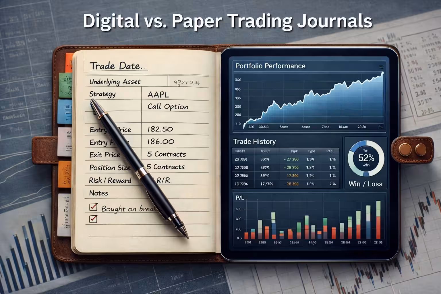 Trader recording trade details in an options trading journal while reviewing stock charts on a computer monitor.