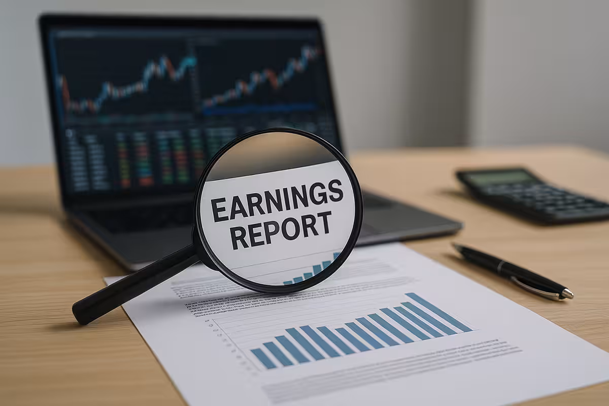 Photorealistic image of a magnifying glass focusing on an earnings report document, with stock charts and financial data in the background.