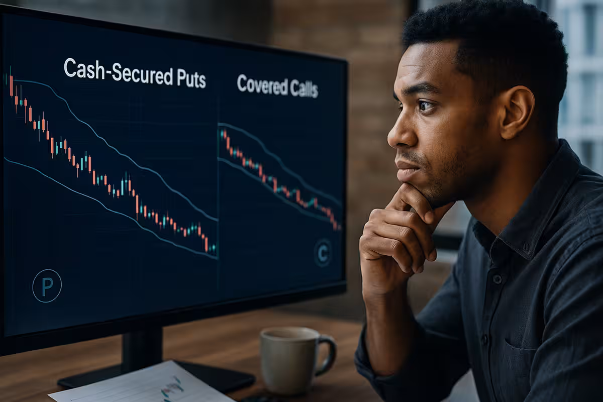 Close-up image of a young mixed-race male trader in a home office, intently analyzing a widescreen monitor displaying two downward-trending financial charts labeled “Cash-Secured Puts” and “Covered Calls.” The trader, wearing a dark gray button-down shirt, rests his chin on his hand in concentration. A coffee mug and printed chart are on the desk, and a soft brick wall and daylight from a window create a calm, focused workspace.