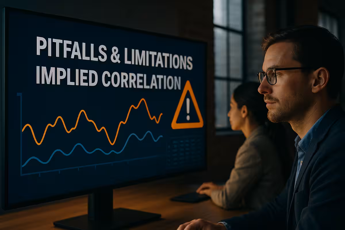 A photorealistic widescreen scene of analysts reviewing a large monitor displaying fluctuating correlation lines and warning indicators, illustrating the pitfalls and limitations of implied correlation.
