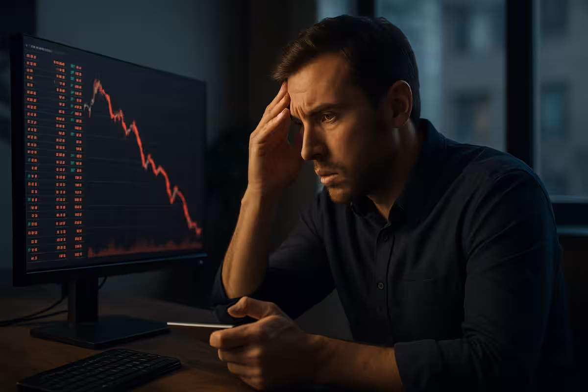 A photorealistic widescreen image of a concerned trader watching a sharp market drop on a trading screen, highlighting the risks and pitfalls of after-hours and micro options trading.