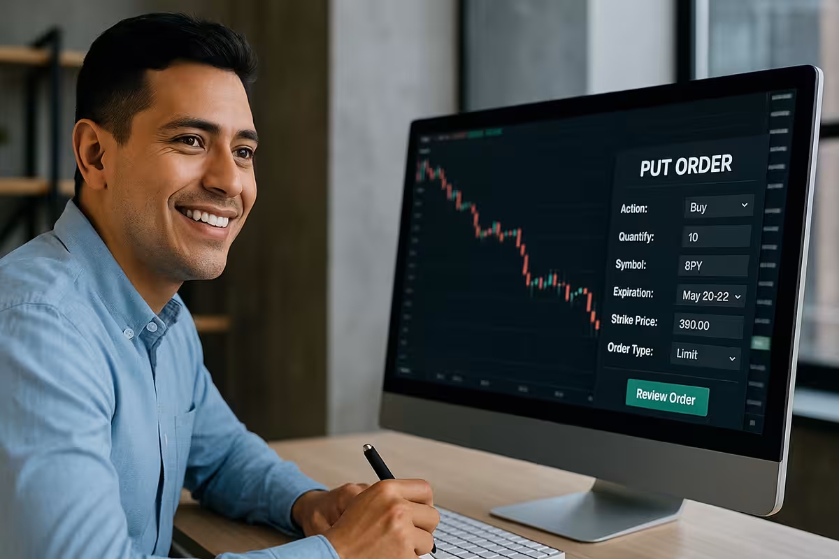 Smiling male trader in blue shirt placing a put order on a broker platform with a falling chart on screen.