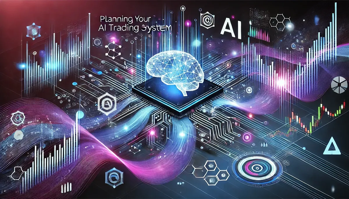 The image features a futuristic, conceptual representation of AI-driven trading. Abstract digital waveforms, glowing neural networks, and interconnected financial charts blend seamlessly to symbolize the intersection of technology and market analysis. Floating algorithmic symbols and stock market data streams are integrated into the design, emphasizing machine learning and automation in trading. The color palette consists of deep blues, purples, and neon accents, evoking a sense of innovation and digital intelligence. The overall design is sleek, modern, and visually compelling, creating a thought-provoking and engaging representation of AI-powered trading.