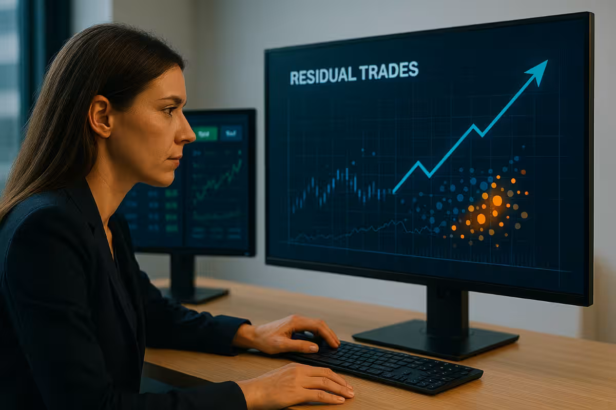 A photorealistic widescreen image of a female trader reviewing residual trade signals on multiple monitors, with clustered anomalies and upward market patterns displayed on screen.