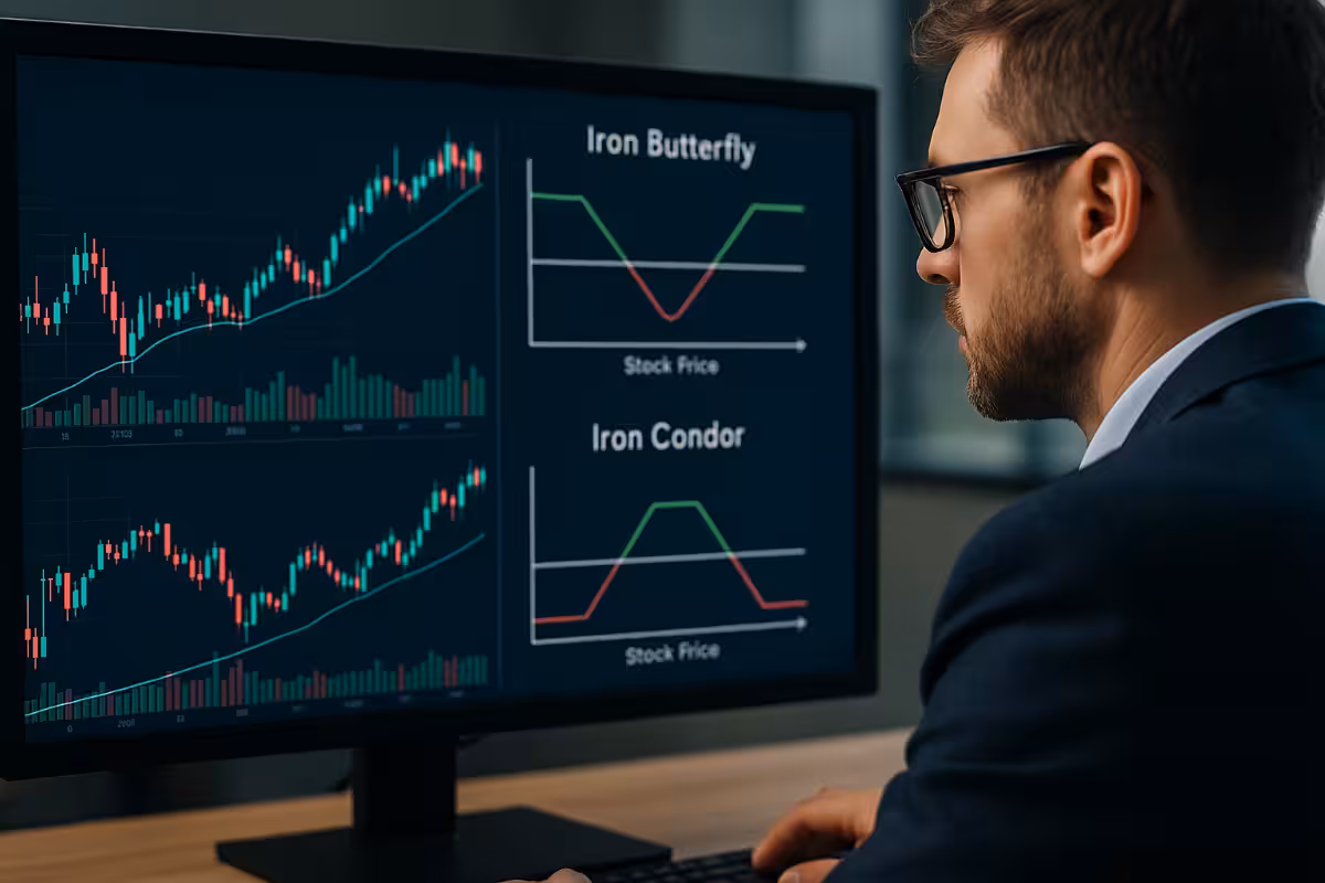 Trader analyzing stock charts and option payoff graphs comparing Iron Butterfly and Iron Condor strategies on a computer screen.