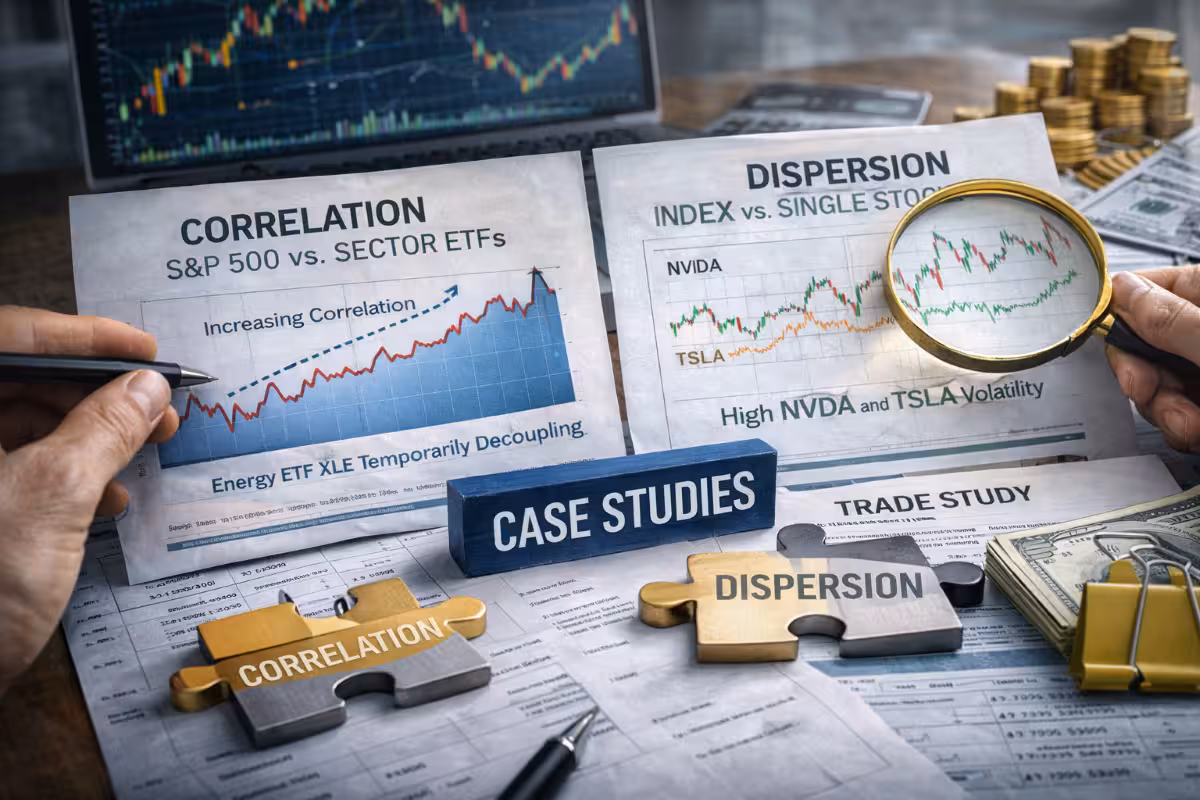 A photorealistic widescreen image showing hands analyzing correlation and dispersion case studies with printed index and single-stock charts, magnifying glass, and trading documents on a desk.
