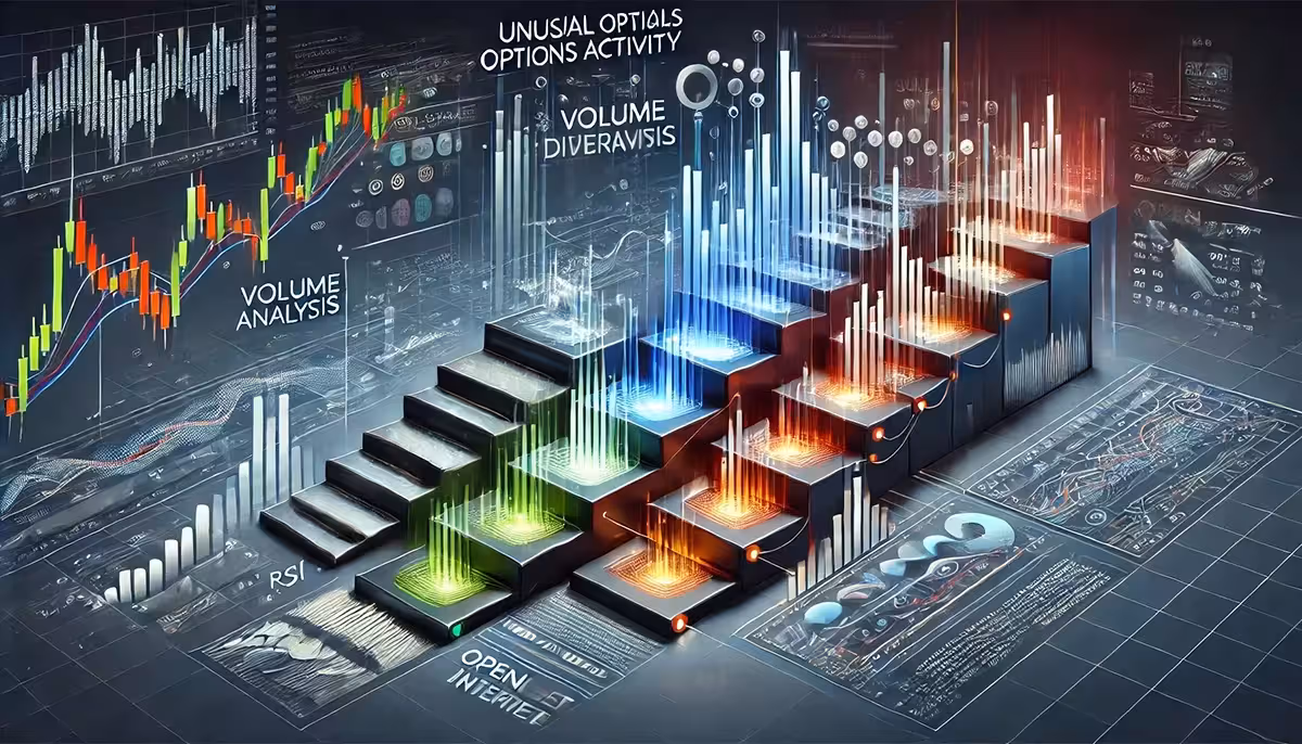 Futuristic financial data visualization with colorful bar graphs on steps, volume analysis, charts, and technical indicators in a digital, high-tech layout.