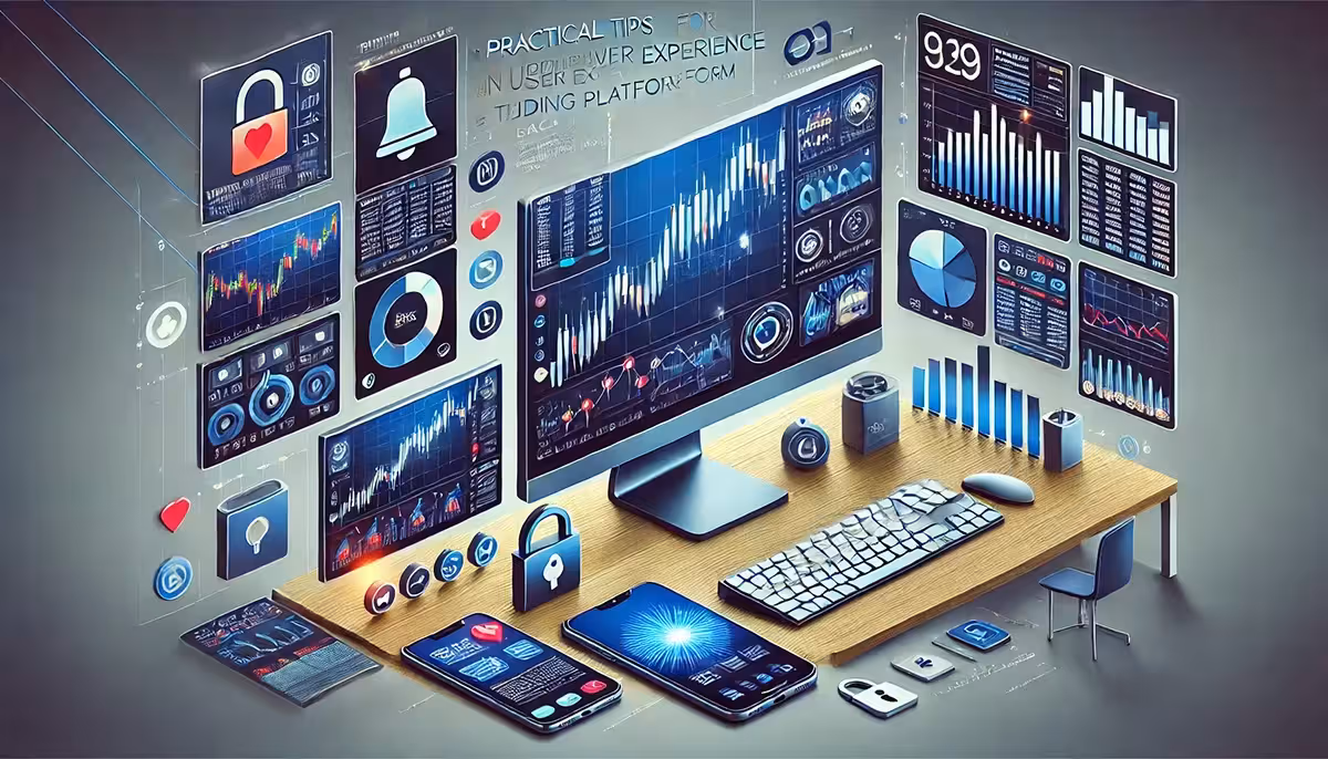 Futuristic workspace with a computer displaying data charts, graphs, and security icons. Includes smartphones, a keyboard, and a wooden desk, creating a tech-focused ambiance.
