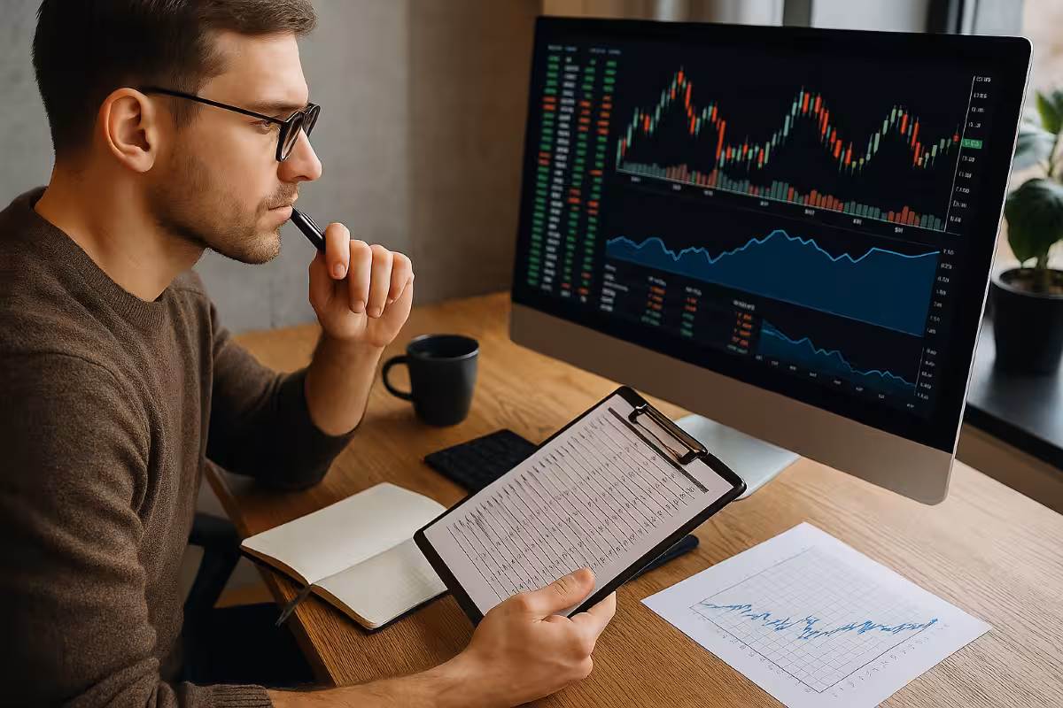 Photorealistic image of a trader reviewing charts on a computer while holding a clipboard with data sheets.
