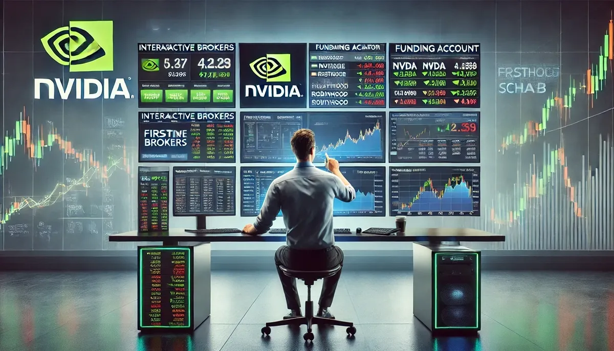 A highly realistic digital image of a modern trading workstation focused on Nvidia call options. The image should feature multiple screens displaying Nvidia (NVDA) stock data, financial charts, trading app logos (Interactive Brokers, Firstrade, Robinhood, tastytrade, and Charles Schwab), and key preparation steps such as choosing a brokerage platform and assessing risk tolerance. The trader is removed, leaving an organized, high-tech trading setup in a sleek financial environment. The background should highlight AI-driven elements, reinforcing Nvidia’s role in tech innovation. The color scheme should use professional blues and greens for a stable and strategic financial atmosphere.