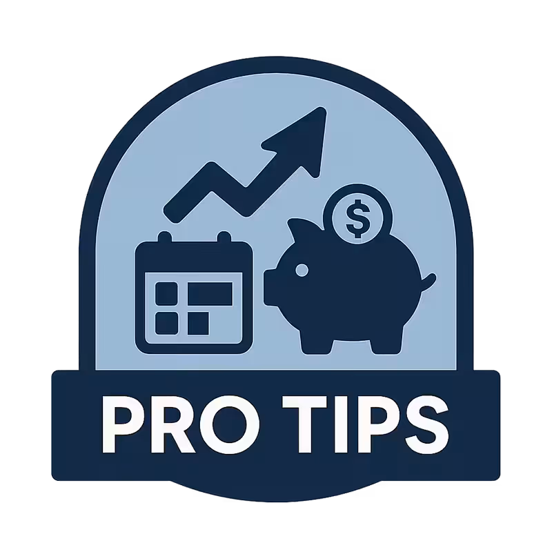 Professional-looking badge with dark blue border and icons of a calendar, upward arrow, and piggy bank inside, labeled 'PRO TIPS' in bold white text