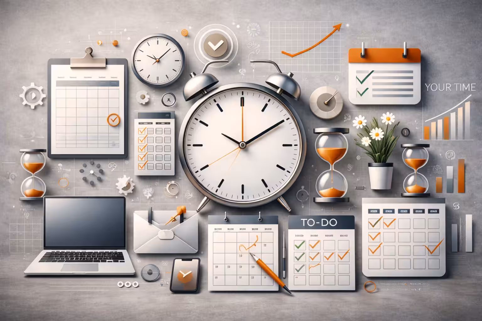 Photorealistic workspace with alarm clock, planner calendar, to-do lists, laptop, and hourglasses representing time management and productivity.